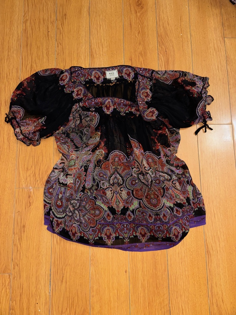 ECI Black Paisley Peasant Blouse with Purple Accents